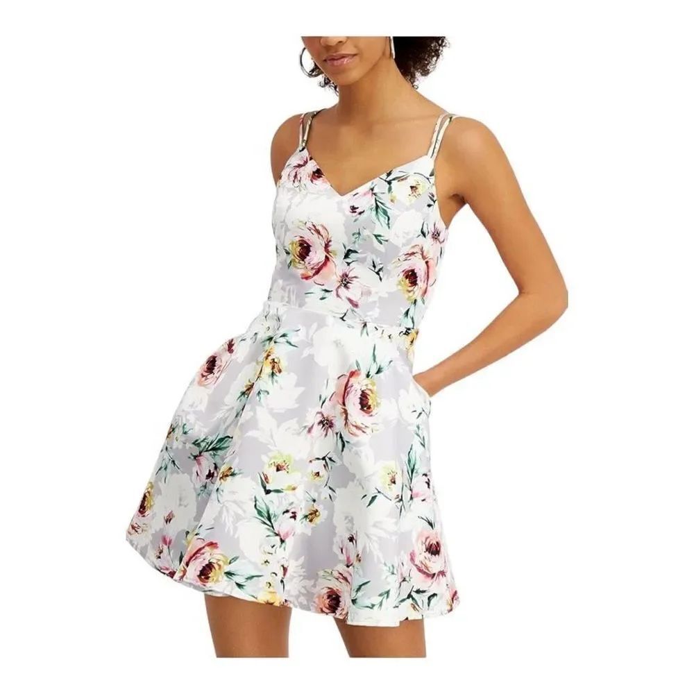 Womens City Studio Sleeveless Silver Floral Sweetheart Fit & Flare Dress - Sz 13